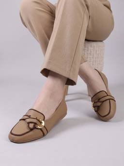 DENILL - Women Beige Casual Slip-On Loafers with Buckle Detail