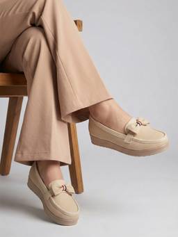 DENILL - Women Cream Loafers Ribbed Texture with Bow