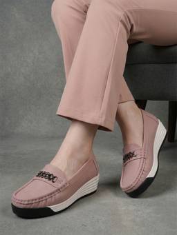 DENILL - Women Pink Loafers Classic Slip-On with Chain