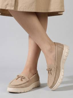 DENILL - Women Beige Bow Detail Moccasins