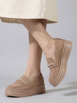 DENILL - Women Beige Rhinestone Platform Loafers