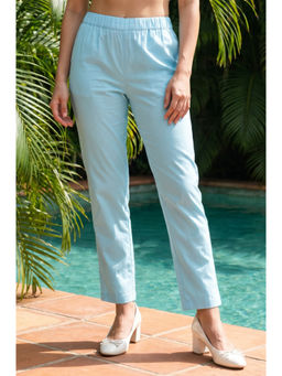 Aurelia - Women Light Blue Pure Cotton Mid Rise Ankle Length Straight Fit Pant