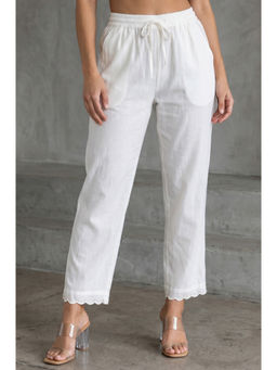 Folksong - Women Off White Lace Cotton Silk Straight Fit Mid Rise Pant
