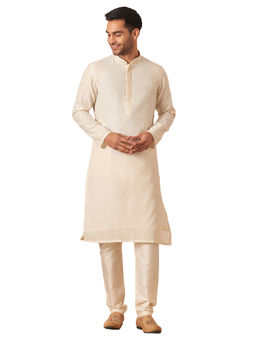 Manyavar - Cream Blended Cotton Self Design Kurta with Pencil Pyjama (Set of 2)