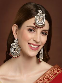PANASH - Gold Plated Mirror Work and Beads Peacock Shaped Handcrafted Tikka with Earrings (Set of 2)