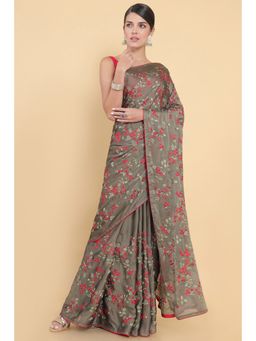 Soch - Women Brown Georgette Embroidered Saree with Unstitched Blouse