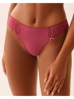 La Vie En Rose - Cotton and Lace Detail Thong Panty - Pink