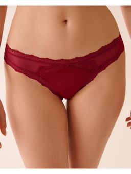 La Vie En Rose - Mesh and Lace Trim Bikini Panty - Red