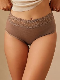 Clovia - Cotton High Waist Hipster with Lace Waist - Brown