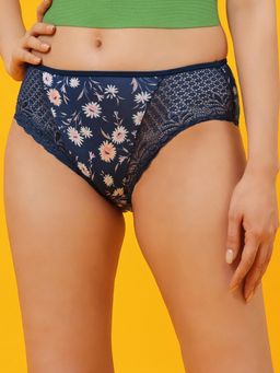 Clovia - Mid Waist Floral Hipster in Navy - Navy Blue