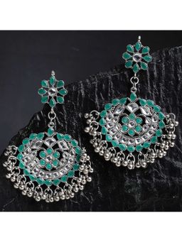 Karatcart - Antique Green Kundan Studded Oxidised Silver Handcrafted Chandbali Earrings for Women