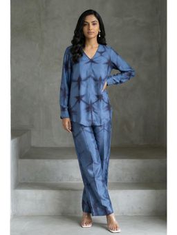 Folksong - Womens Blue Shibori Printed Satin Straight Co-Ord Set