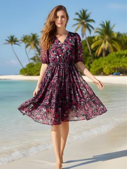 Sera - Floral Chiffon Beach Knee Length Dress