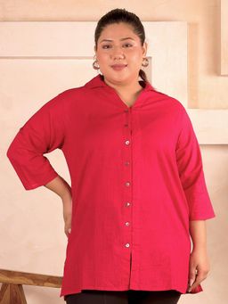 Indietoga - Womens Plus Size Pink Solid Cotton Long Line Shirt
