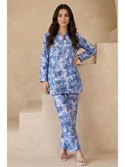 W - for Woman Blue Floral Printed Pure Cotton Straight Co-Ord Set