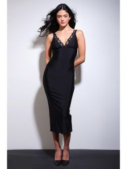 COLOR CAPITAL - Black Lace Trim Midi Dress