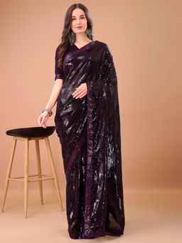 Odette - Purple Georgette Sequin Elegant Saree with Unstitched Blouse