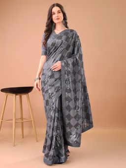 Odette - Grey Georgette Sequin Elegant Saree with Unstitched Blouse