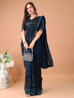 Odette - Teal Georgette Sequin Elegant Saree with Unstitched Blouse
