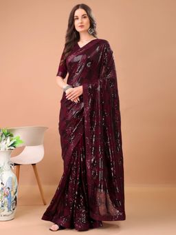 Odette - Wine Georgette Embroidered Elegant Saree with Unstitched Blouse