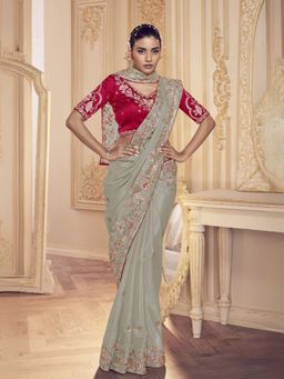 Odette - Grey Georgette Embroidered Elegant Saree with Unstitched Blouse