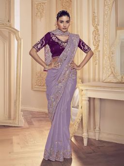 Odette - Lavender Georgette Embroidered Elegant Saree with Unstitched Blouse