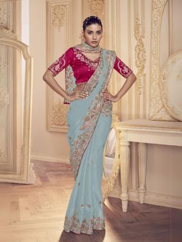Odette - Sky Blue Georgette Embroidered Elegant Saree with Unstitched Blouse