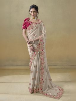 Odette - Cream Georgette Embroidered Elegant Saree with Unstitched Blouse