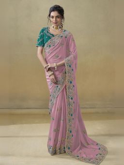 Odette - Pink Georgette Embroidered Elegant Saree with Unstitched Blouse