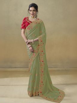Odette - Green Georgette Embroidered Elegant Saree with Unstitched Blouse