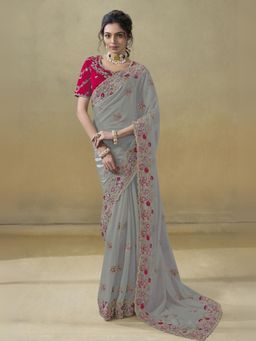Odette - Grey Georgette Embroidered Elegant Saree with Unstitched Blouse