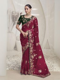 Odette - Pink Organza Embroidered Elegant Saree with Unstitched Blouse