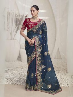 Odette - Teal Organza Embroidered Elegant Saree with Unstitched Blouse