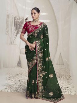 Odette - Green Organza Embroidered Elegant Saree with Unstitched Blouse