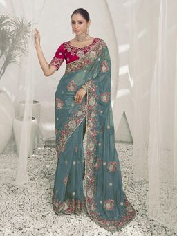 Odette - Teal Organza Embroidered Elegant Saree with Unstitched Blouse