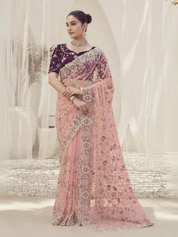 Odette - Pink Net Embroidered Elegant Saree with Unstitched Blouse