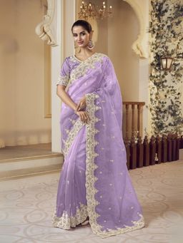 Odette - Lavender Organza Embellished Elegant Saree with Unstitched Blouse
