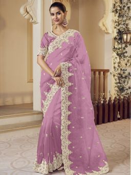 Odette - Purple Organza Embellished Elegant Saree with Unstitched Blouse