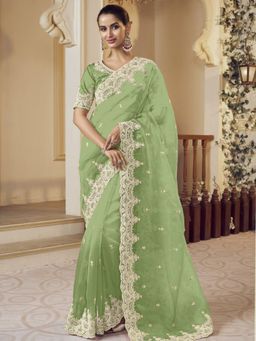 Odette - Light Green Organza Embellished Elegant Saree with Unstitched Blouse