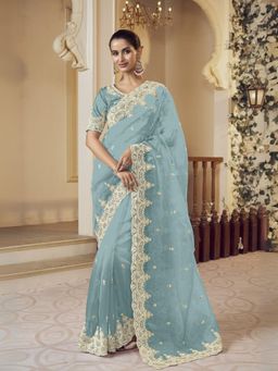 Odette - Sea Green Organza Embellished Elegant Saree with Unstitched Blouse