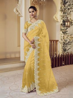 Odette - Yellow Organza Embellished Elegant Saree with Unstitched Blouse