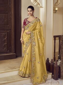 Odette - Yellow Georgette Embroidered Elegant Saree with Unstitched Blouse