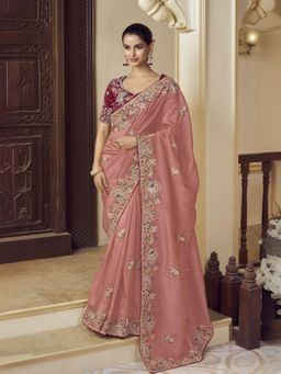 Odette - Pink Georgette Embroidered Elegant Saree with Unstitched Blouse