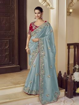 Odette - Sea Green Georgette Embroidered Elegant Saree with Unstitched Blouse