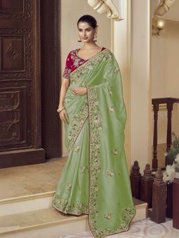 Odette - Green Georgette Embroidered Elegant Saree with Unstitched Blouse
