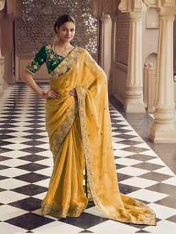 Odette - Yellow Jacquard Embroidered Elegant Saree with Unstitched Blouse