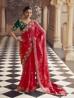 Odette - Pink Jacquard Embroidered Elegant Saree with Unstitched Blouse