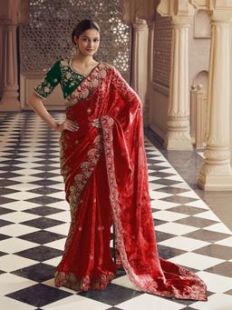 Odette - Red Jacquard Embroidered Elegant Saree with Unstitched Blouse