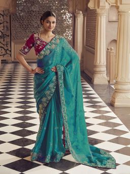 Odette - Teal Jacquard Embroidered Elegant Saree with Unstitched Blouse