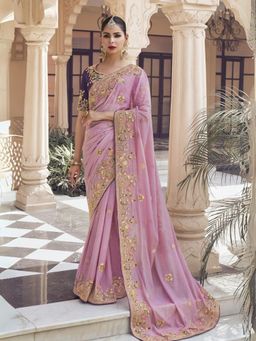 Odette - Lavender Georgette Embroidered Elegant Saree with Unstitched Blouse